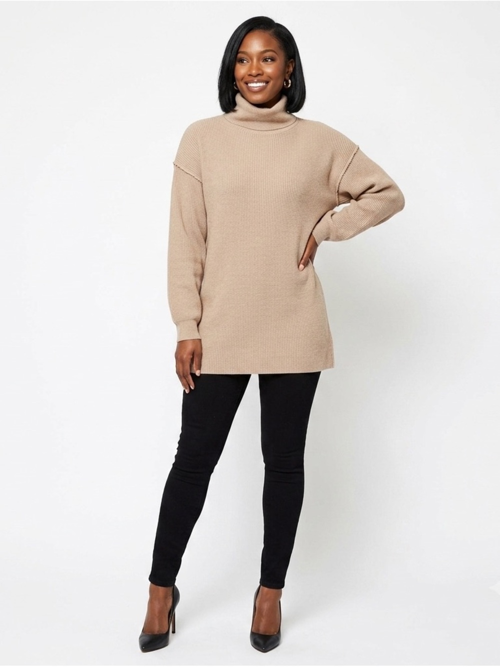 Button + Brim Beige Turtleneck Inverted Seam Tunic Sweater M